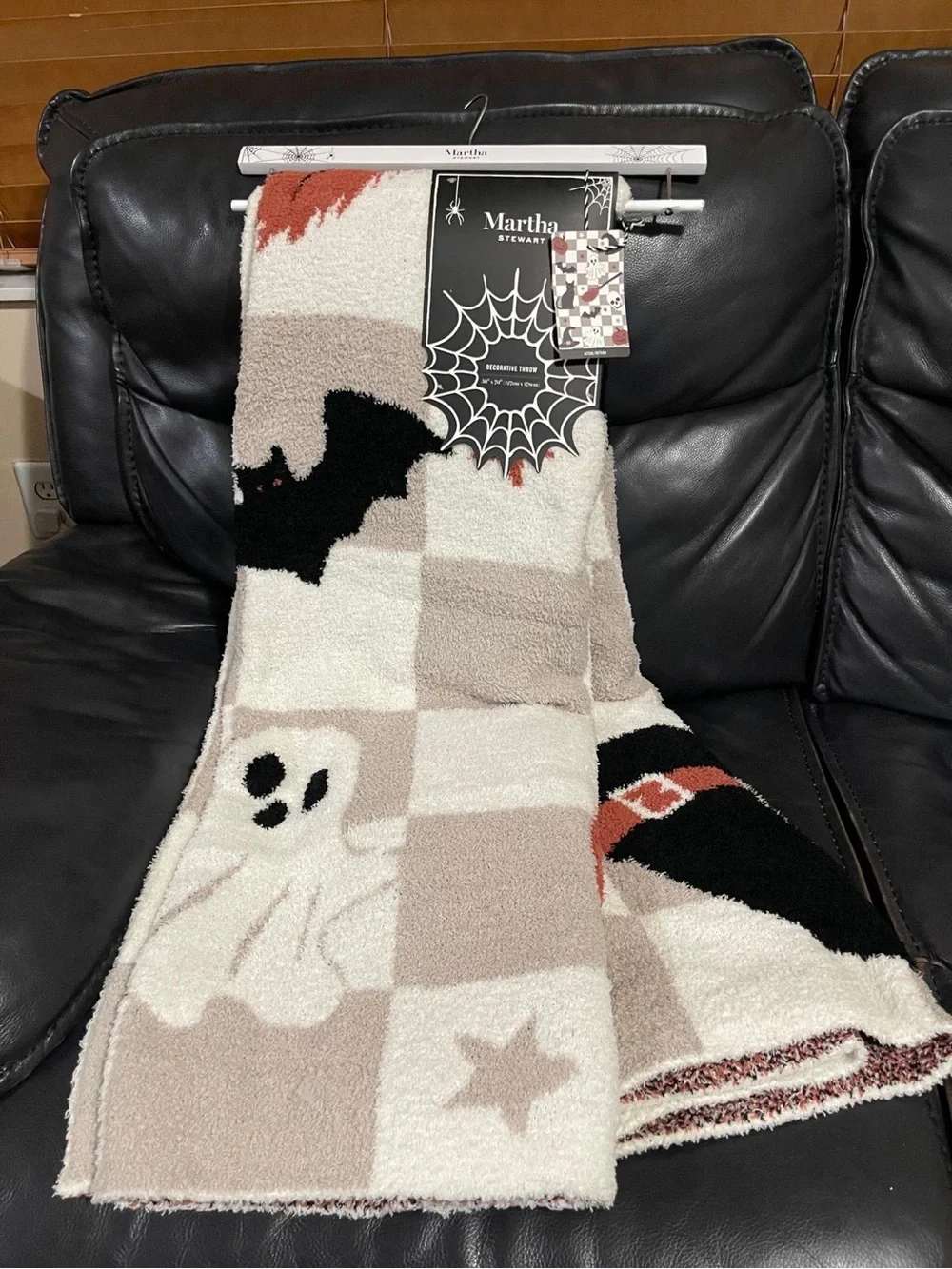 Martha Stewart Cream and Black Halloween Plush Throw with Ghost & Bat Pattern